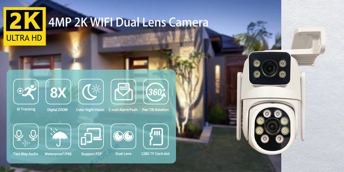 4MP WIFI IP Camera 3G 4G SIM Card PTZ 4MP Video Surveillance Cameras Outdoor Dual Lens ZOOM Alarm Color Night Camhipro App
