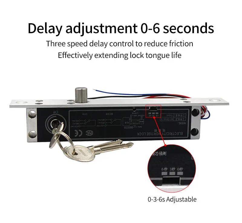 12VDC Electric Lock Alloy Magnetic Deadbolt Time Delay Fail Secure Mortise Drop Bolt Lock Electronic Door Lock with Key Cylinder