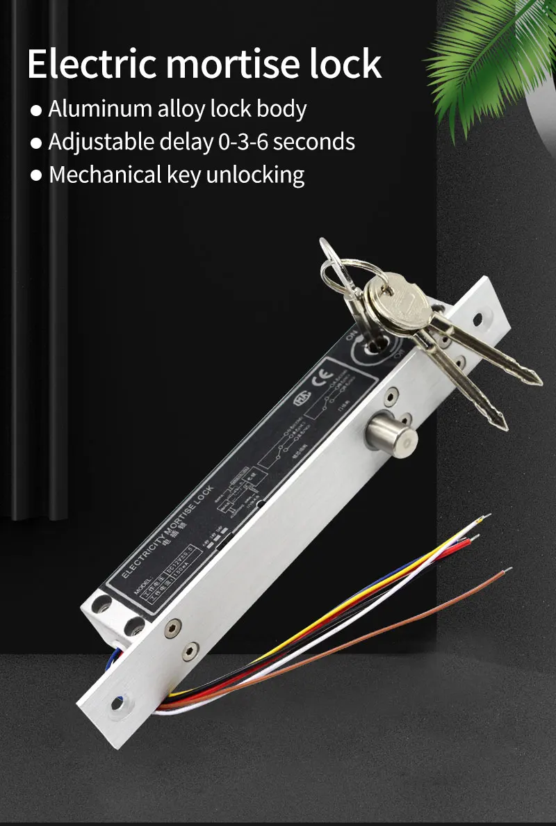 12VDC Electric Lock Alloy Magnetic Deadbolt Time Delay Fail Secure Mortise Drop Bolt Lock Electronic Door Lock with Key Cylinder