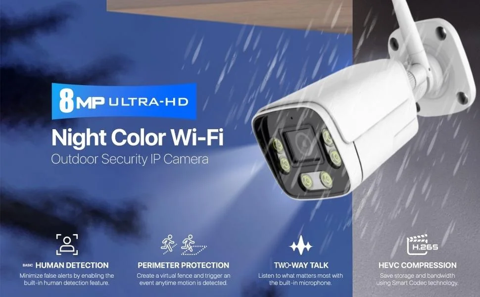 ICsee 4K 8MP Wireless Outdoor Security Wifi AI Camera 98ft NightColor Human Detection Bullet Waterproof IP Camera H.265 2.8mm