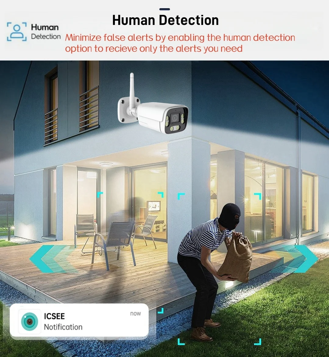 ICsee 4K 8MP Wireless Outdoor Security Wifi AI Camera 98ft NightColor Human Detection Bullet Waterproof IP Camera H.265 2.8mm