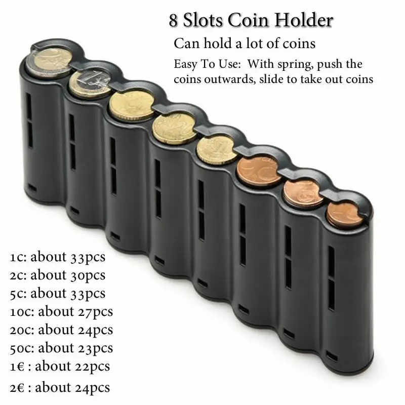 Black 8 Slots Euro Coin Dispenser Coin Holder Sorter Collector With Spring Waiter Cashier Driver Small Change Storage Safe Box
