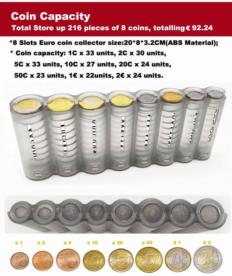 Black 8 Slots Euro Coin Dispenser Coin Holder Sorter Collector With Spring Waiter Cashier Driver Small Change Storage Safe Box