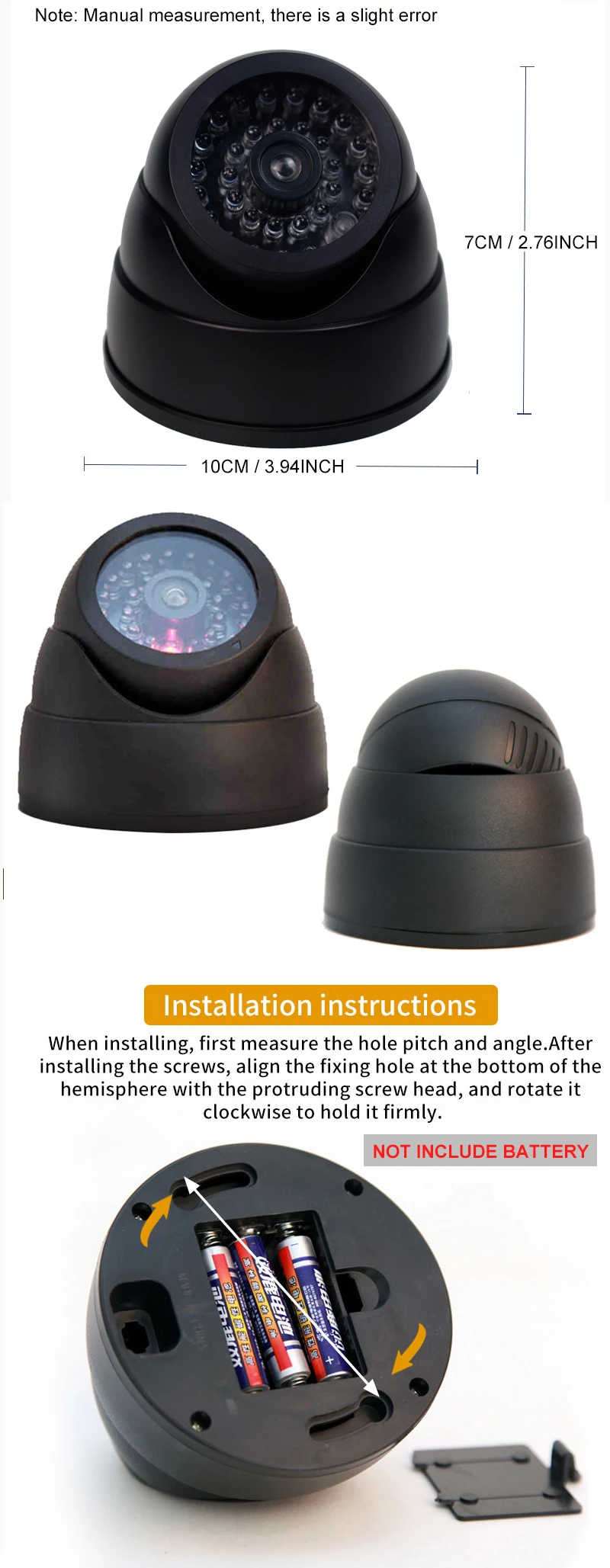 1PC Dummy Fake Camera with LED Red Light, Battery Operated, No Wiring Required, Indoor Outdoor Fake Dome Security Camera