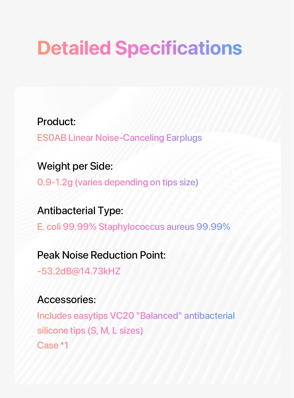 Whizzer ES0AB Linear Noise-Canceling Earplugs Skin-friendly, Antimicrobial Material, Sleep Noise Reduction S/M/L Size