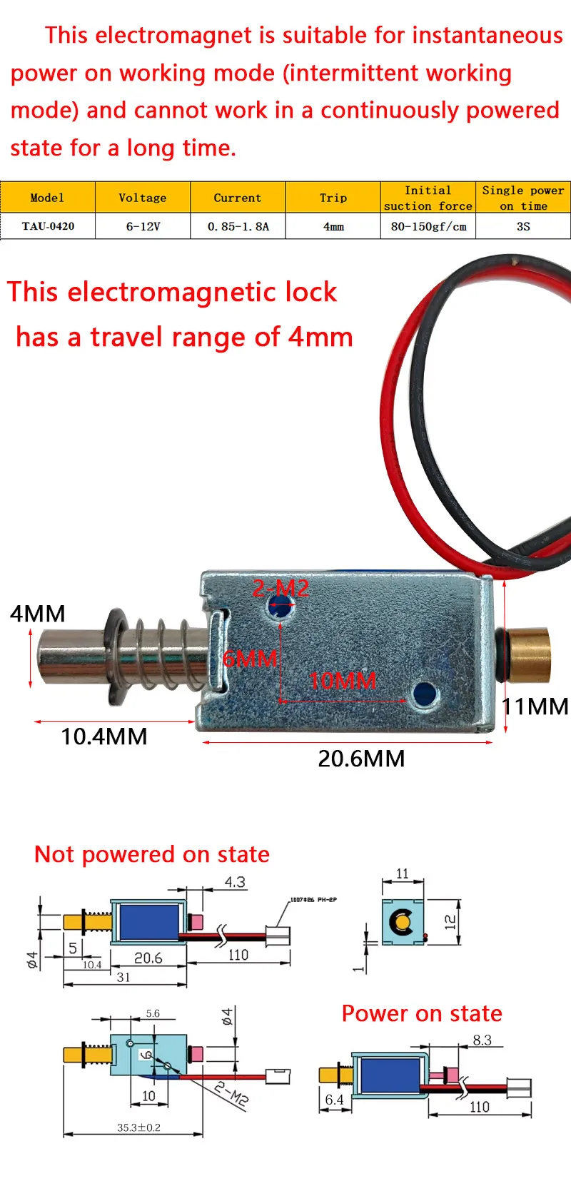 TAU-0420 Electromagnetic Lock DC 6V 12V Magnetic Lock Electric Lock 0.85A 1.8A Lock Linear Solenoid