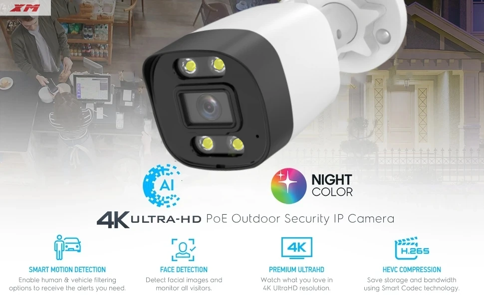 4K Poe Video Surveillance IP Camera Onvif Audio 48V POE/DC 12V 3MP/4MP/5MP/8MP AI Color Night Bullet WaterProof Security Camera