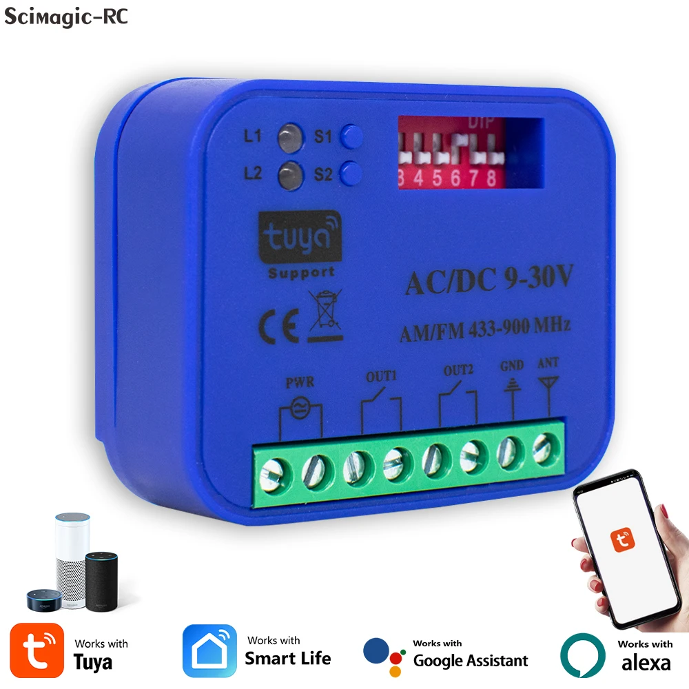 Tuya WIFI Garage RF Smart Receiver 300-900MHz 433.92 868mhz 2CH Universal Garage Door Gate Opener Controller For Alexa