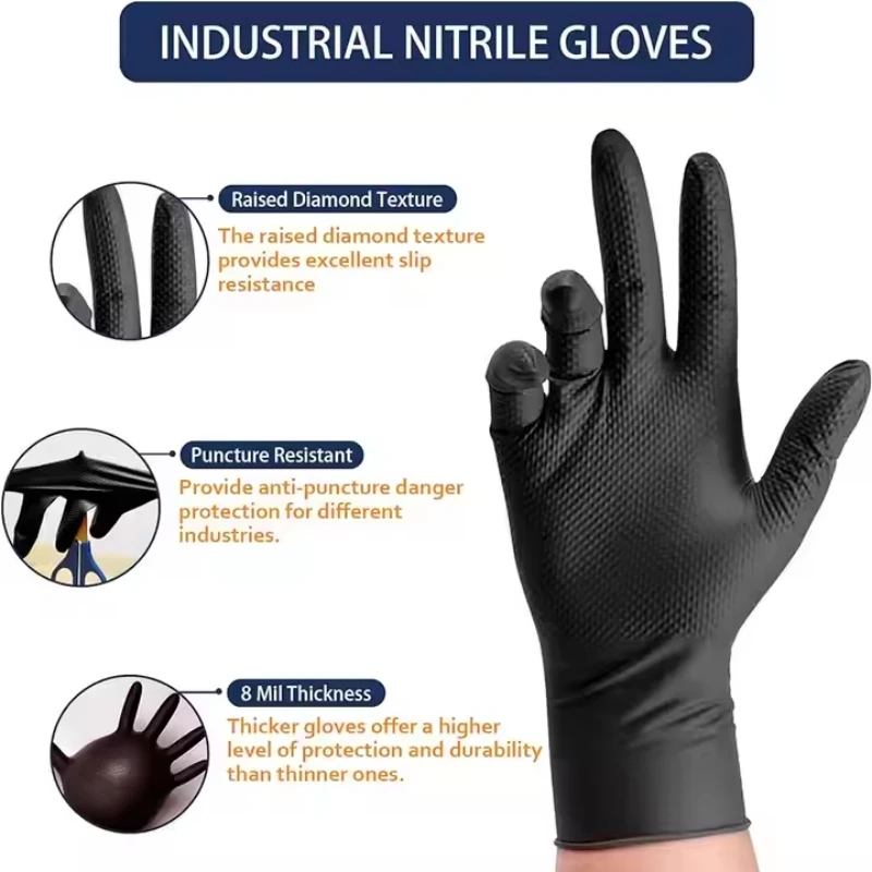 30/50PCS Black Nitrile Gloves Disposable 8Mil Thick Heavy Duty Industrial Safety Gloves Diamond Textured Mechanics Work Gloves