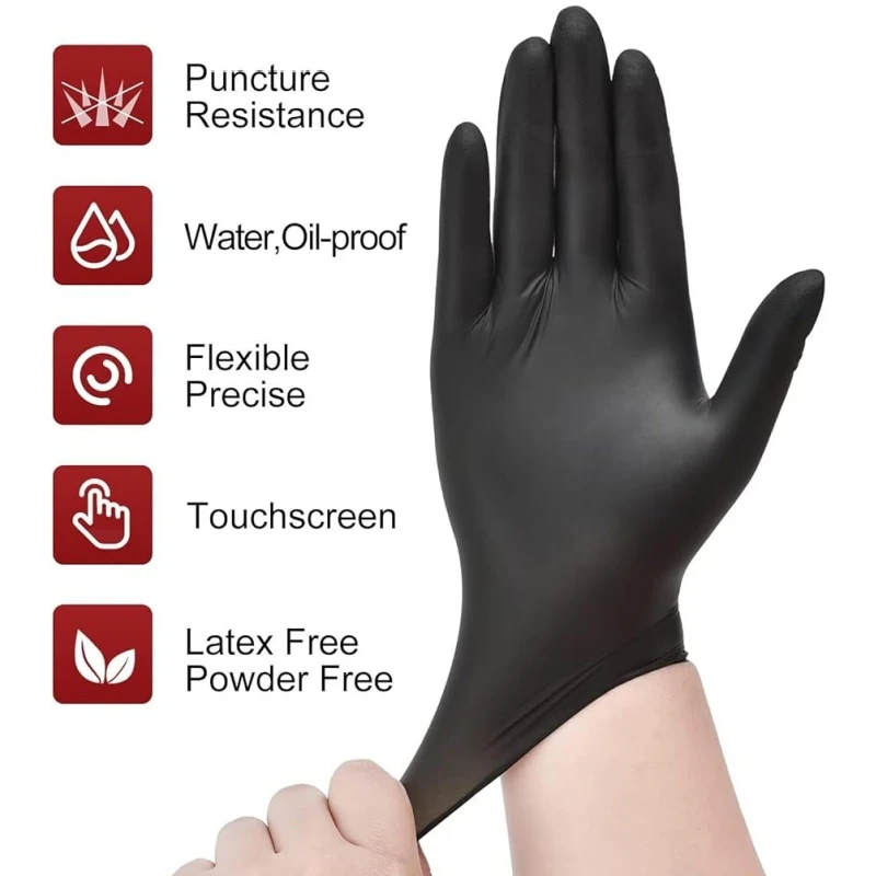 4Mil Black Nitrile Gloves Disposable Non-Sterile Textured Industrial Gloves for Auto Mechanic Household Cleaning Kitchen Tattoo