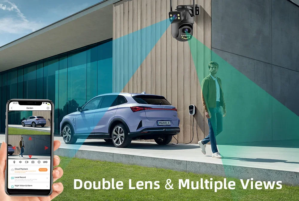 4K 8MP WiFi Surveillance Camera, Dual Lens, 4X Digital Zoom, AI Human Detect, ONVIF, Outdoor Security PTZ IP Cameras,