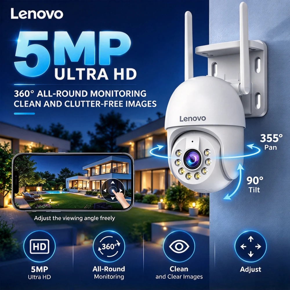Lenovo 5MP Outdoor IP Camera IP66 Waterproof WiFi Two-Way Audio Security Surveillance Camera Motion Alarm HD Color Night Vision
