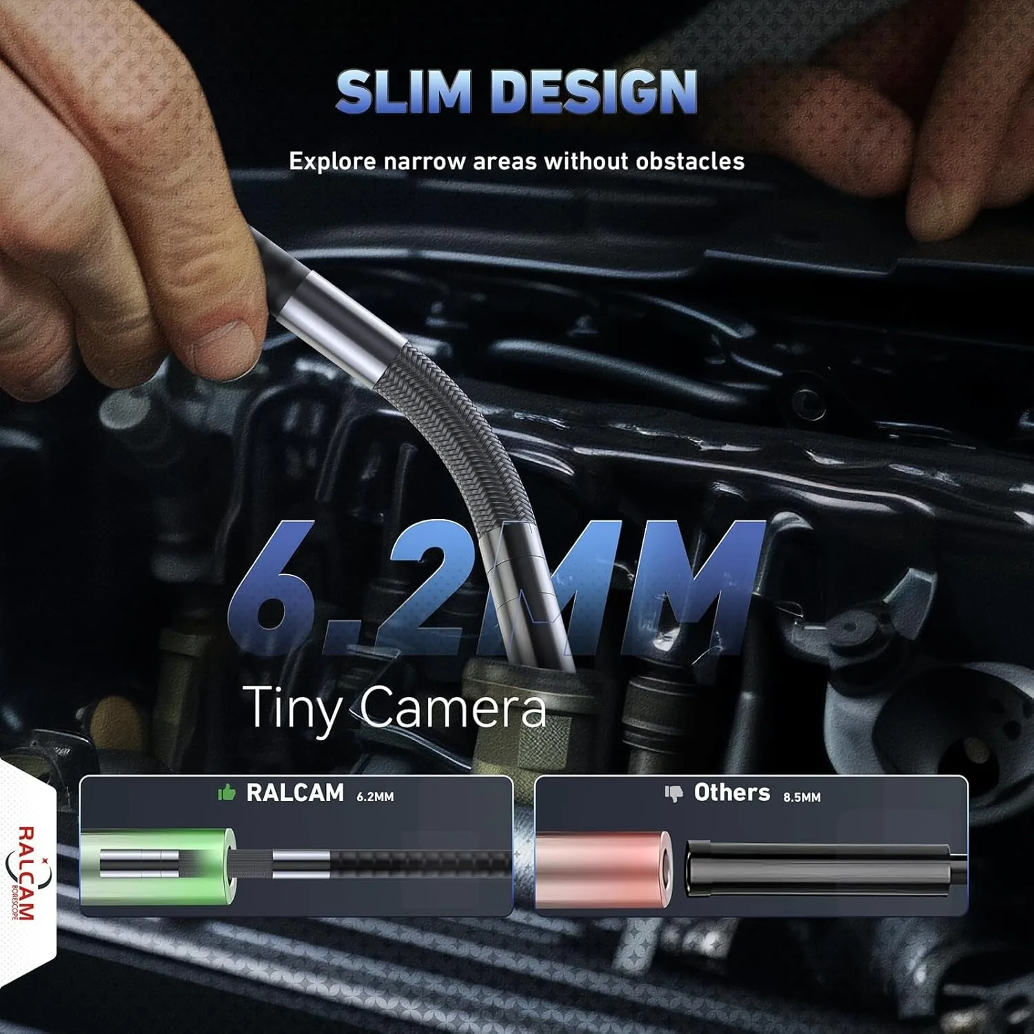 RALCAM Articulating 360/720° Endoscope 6.2mm Inspection Camera Cameras with 6 LED, IP67 Waterproof 1M/2M/3M