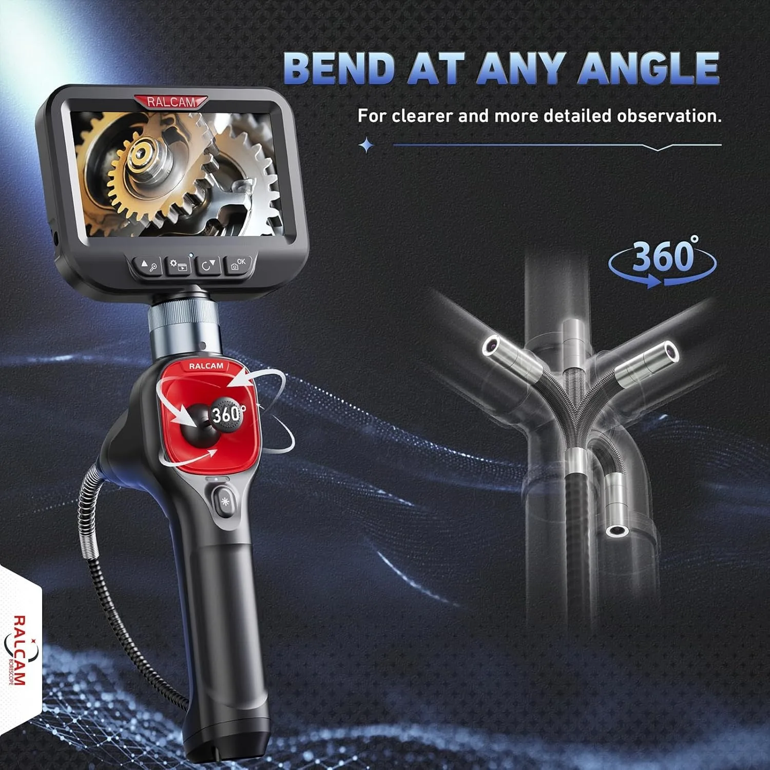 RALCAM Articulating 360/720° Endoscope 6.2mm Inspection Camera Cameras with 6 LED, IP67 Waterproof 1M/2M/3M