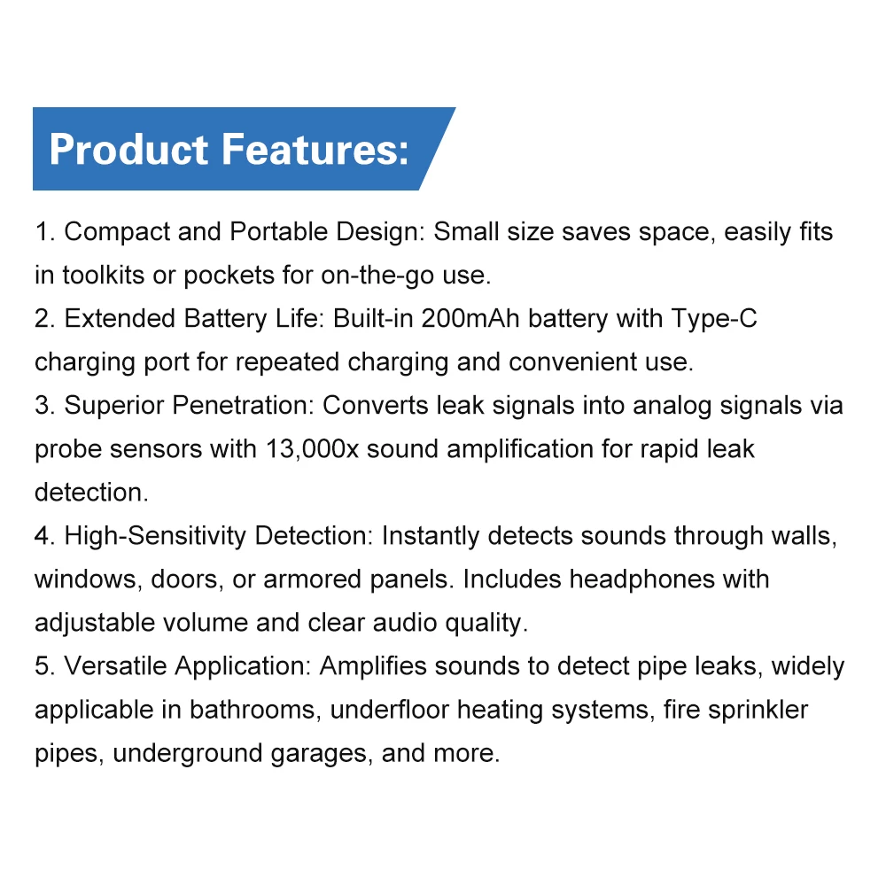 Water Mains Leak Detector Underground Pipe Leak Monitor Portable Type-C Leak Detector Kit with Headphones for Indoor and Outdoor
