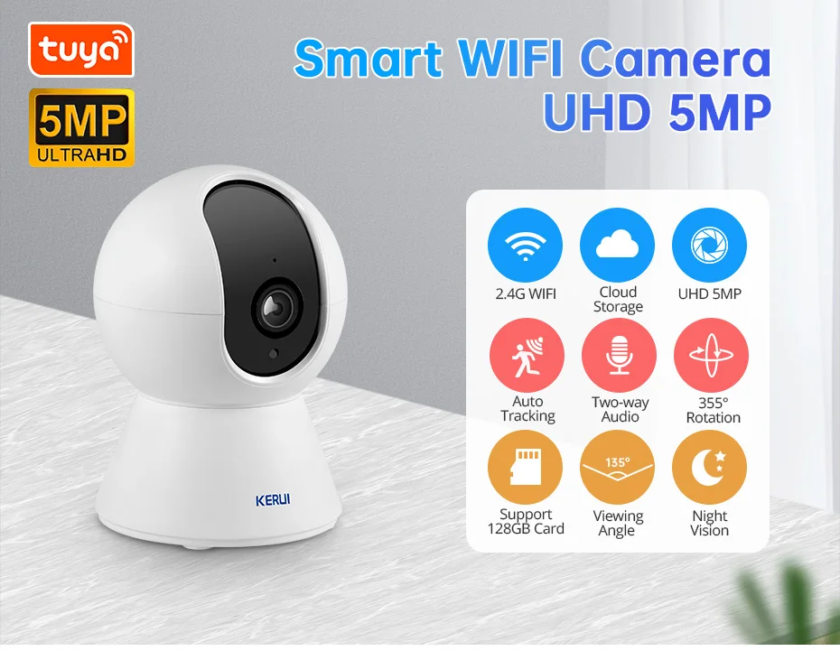 KERUI 5MP Tuya Smart Mini WiFi IP Camera Indoor Wireless Security Home CCTV Surveillance Camera 3MP Full HD With Auto Tracking