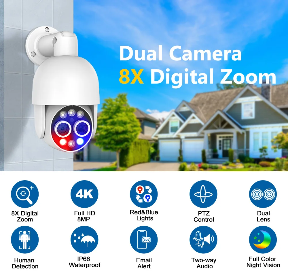 4K PTZ 8X Hybrid Zoom 2.8mm 12mm Dual Lens POE IP Camera 8MP Outdoor Human Detect Auto Track Security Camera Color Night