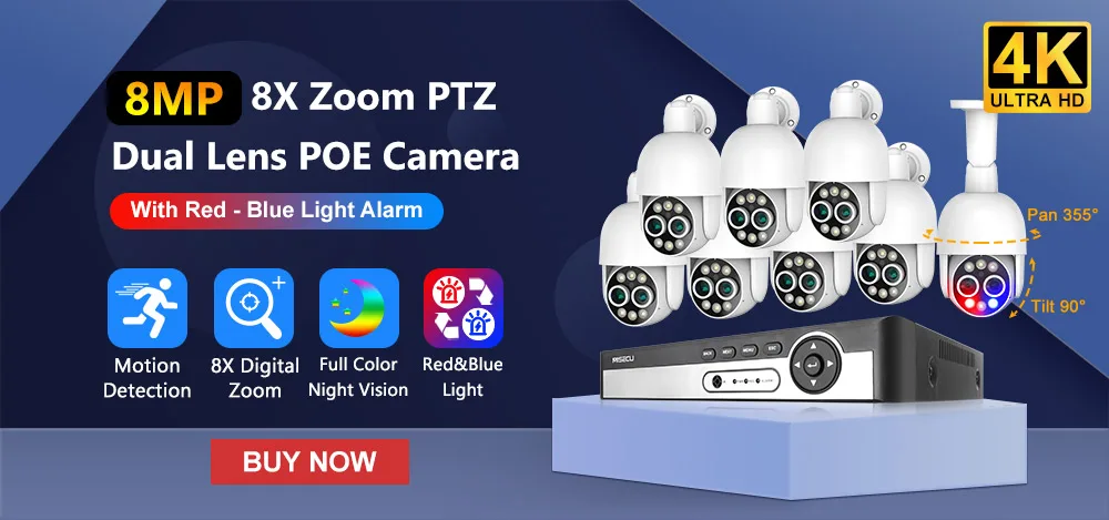 4K PTZ 8X Hybrid Zoom 2.8mm 12mm Dual Lens POE IP Camera 8MP Outdoor Human Detect Auto Track Security Camera Color Night