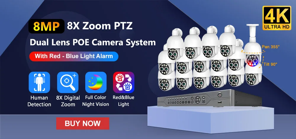 4K PTZ 8X Hybrid Zoom 2.8mm 12mm Dual Lens POE IP Camera 8MP Outdoor Human Detect Auto Track Security Camera Color Night