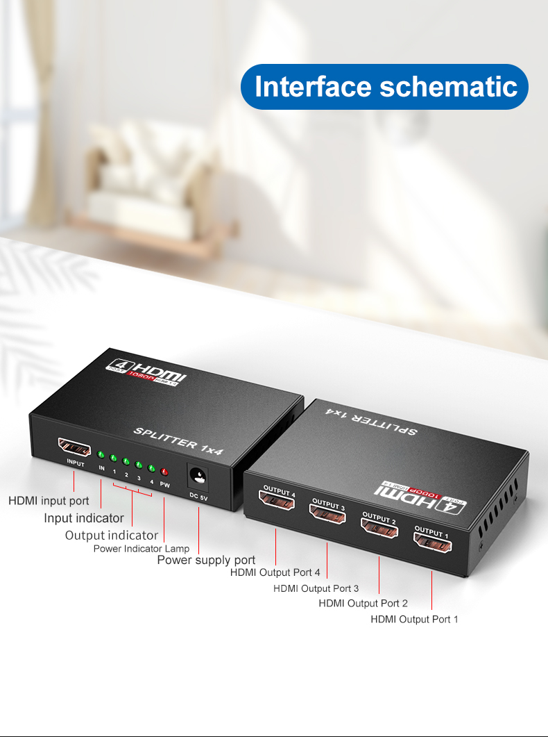 1x4 HDMI Splitter 1 in 4 out HDMI Video Splitter Full HD 1080P Duplicate Screen Monitor HDMI Switch for PC PS3/4 HDTV Projector