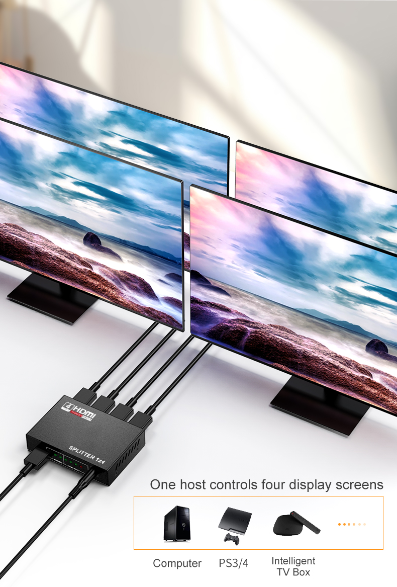 1x4 HDMI Splitter 1 in 4 out HDMI Video Splitter Full HD 1080P Duplicate Screen Monitor HDMI Switch for PC PS3/4 HDTV Projector