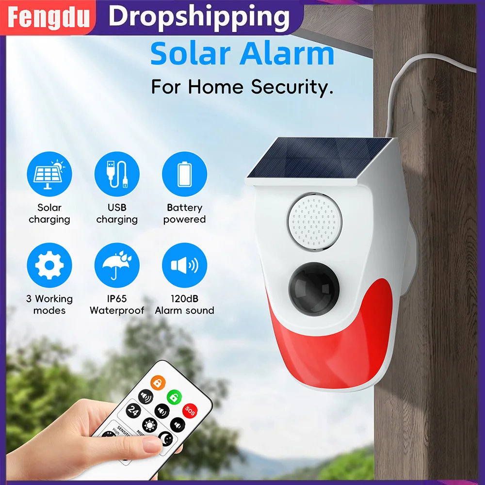 Outdoor Solar Strobe Light with Remote Wireless 120db Alarm System Outside Weatherproof for Home Infrared Motion Sensor
