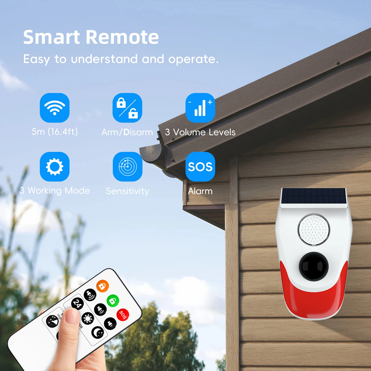 Outdoor Solar Strobe Light with Remote Wireless 120db Alarm System Outside Weatherproof for Home Infrared Motion Sensor