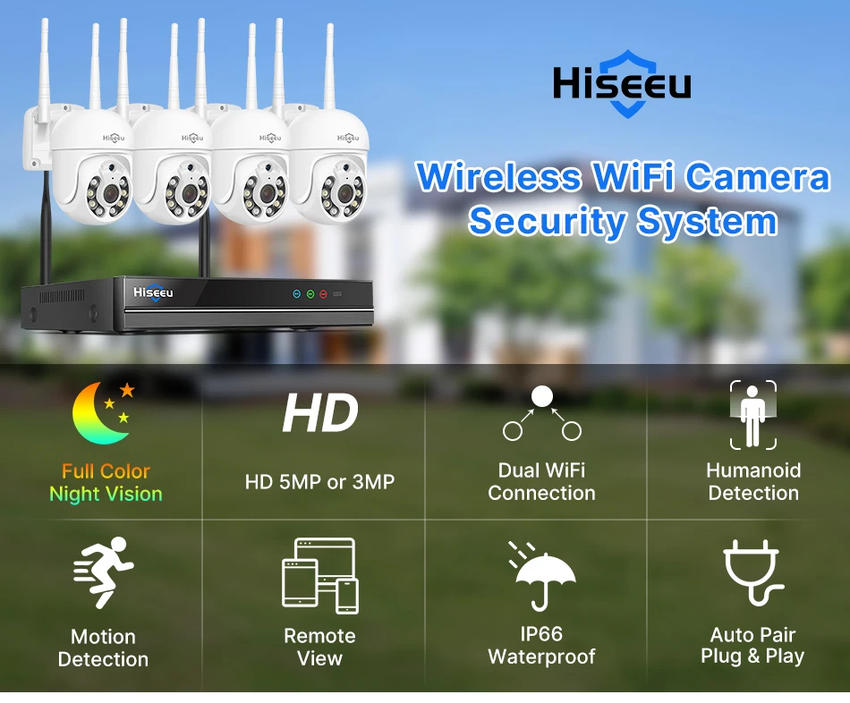 Hiseeu 3/5MP WiFi Security Surveillance Camera System Kit Motion Tracking Color Night Vision 10CH NVR Wireless CCTV Cameras Set