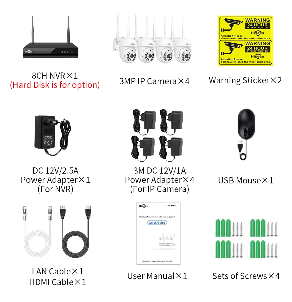 Hiseeu 3/5MP WiFi Security Surveillance Camera System Kit Motion Tracking Color Night Vision 10CH NVR Wireless CCTV Cameras Set