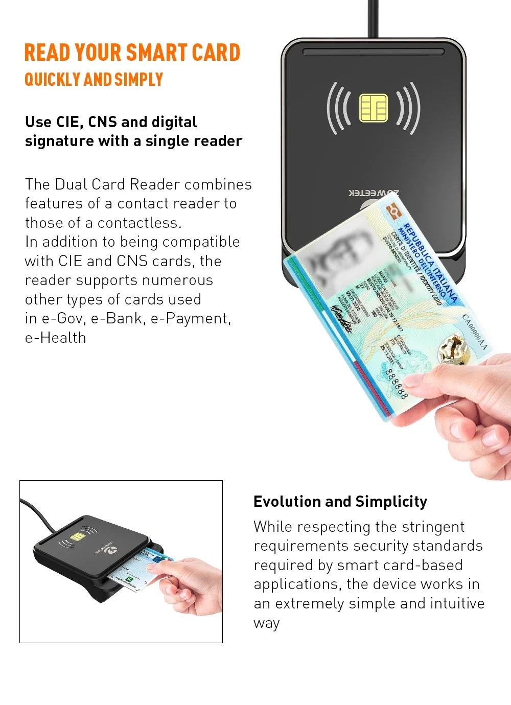 Zoweetek CIE Identity Smart Card Reader for DNI CRS CNS Compatible with Windows