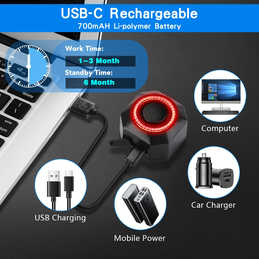 New Bicycle Alarm Taillight Waterproof Smart Auto Brake Sensing Tail Lamp Remote Control USB Charge Bike Rear Light