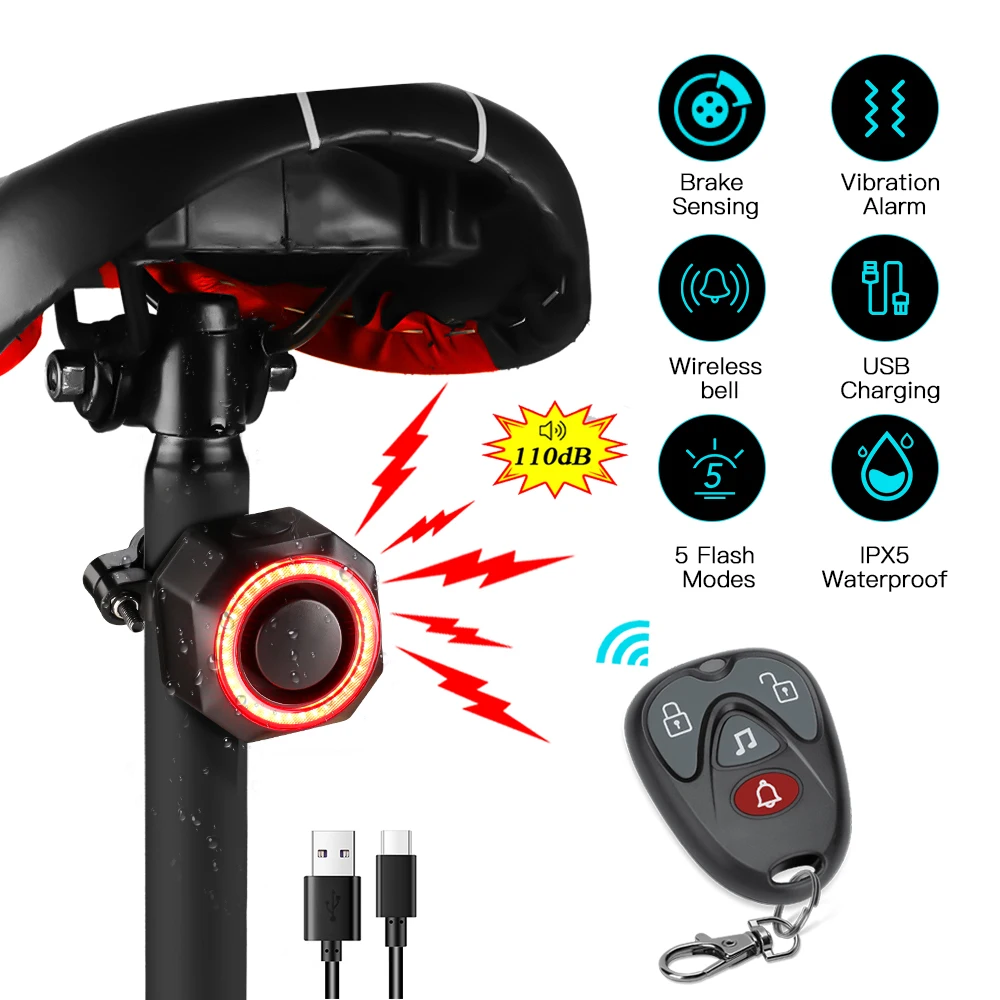 New Bicycle Alarm Taillight Waterproof Smart Auto Brake Sensing Tail Lamp Remote Control USB Charge Bike Rear Light