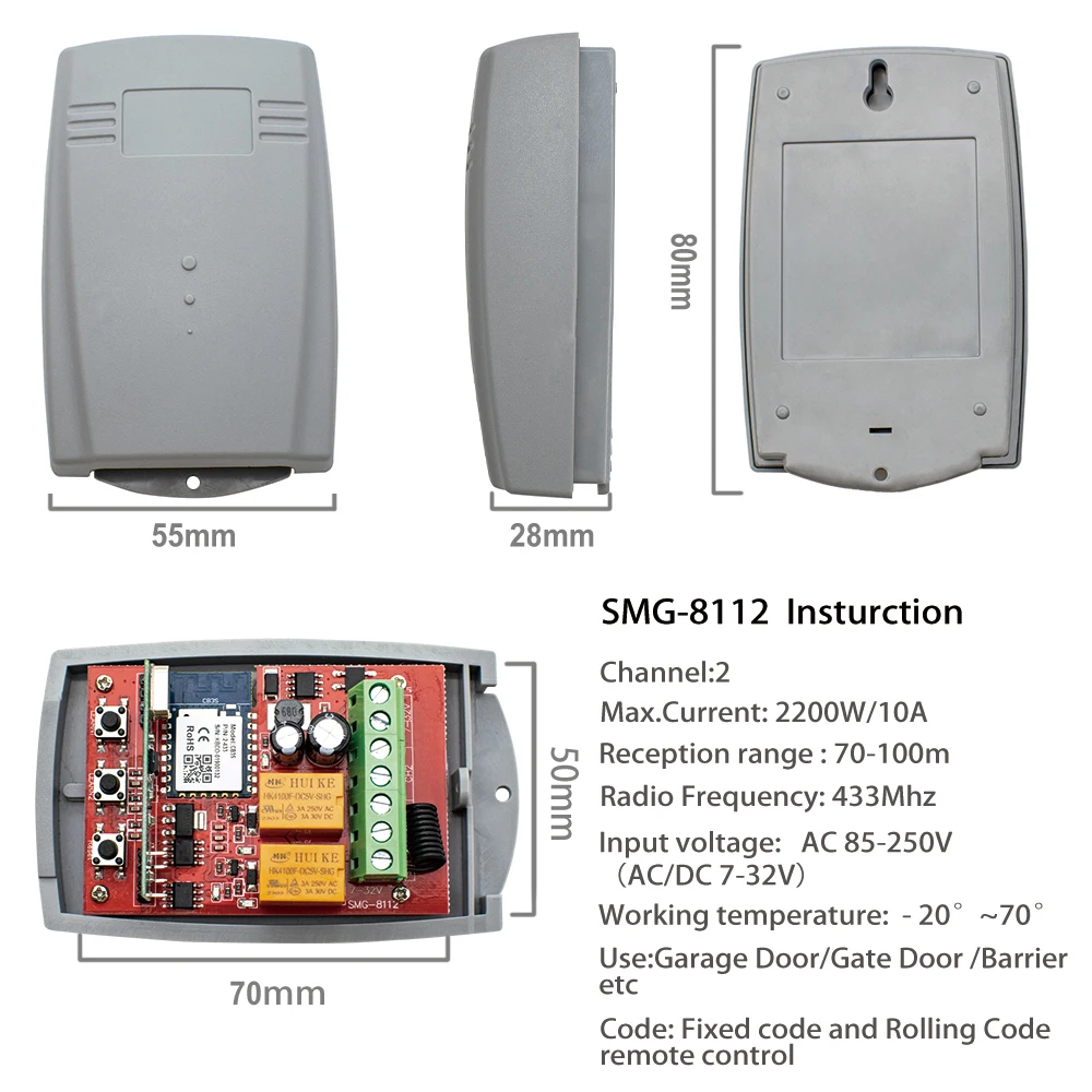 Tuya Universal Smart Wifi Receiver 2CH 12V 24V 220V Garage Door Remote Control Opener Controller 433/433.92 Mhz Transmittern