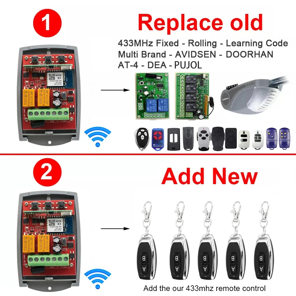 Tuya Universal Smart Wifi Receiver 2CH 12V 24V 220V Garage Door Remote Control Opener Controller 433/433.92 Mhz Transmittern
