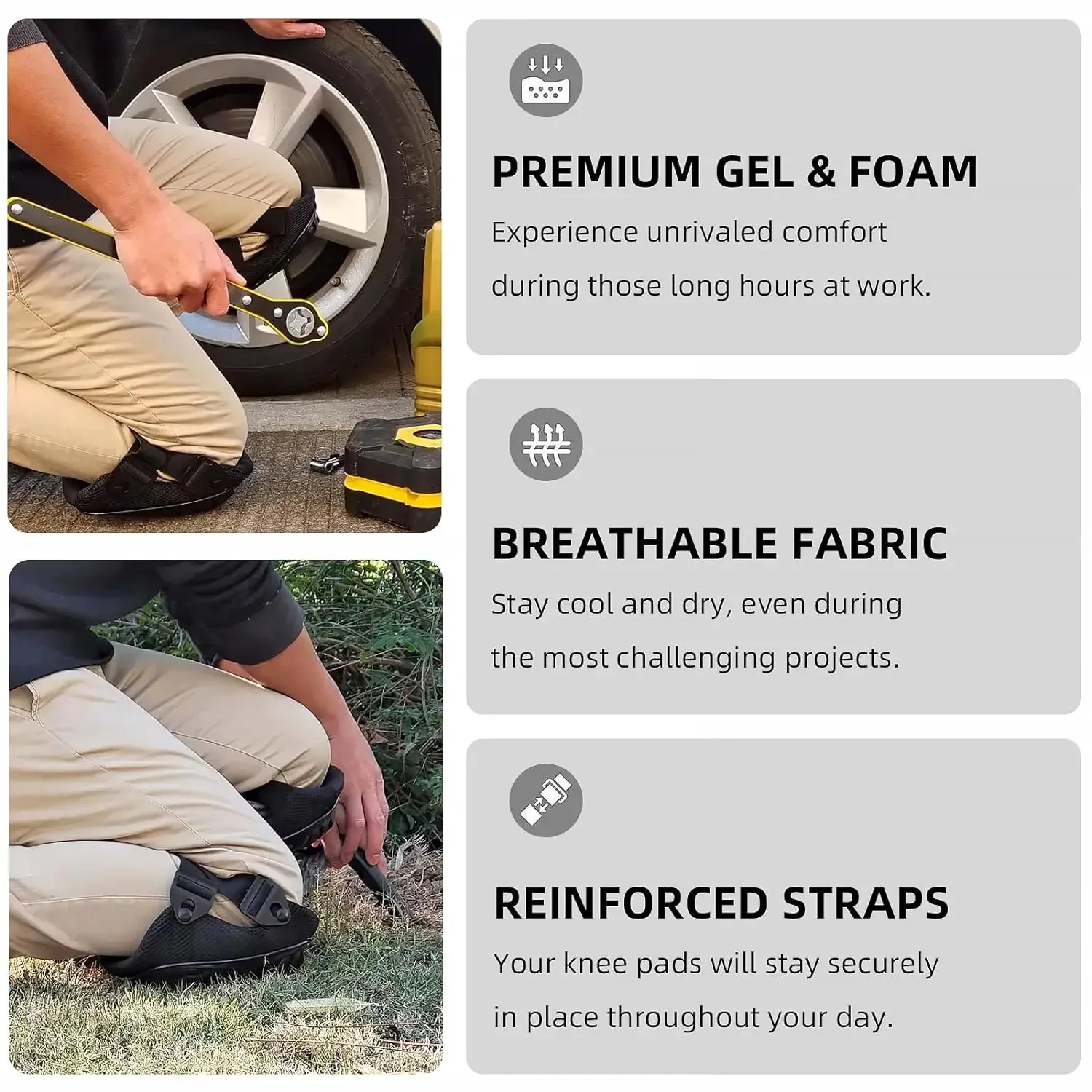 Professional Knee Pads for Work with Secure Double Straps & Regulable Clips Would Industrial Heavy Duty Tactical Gardening