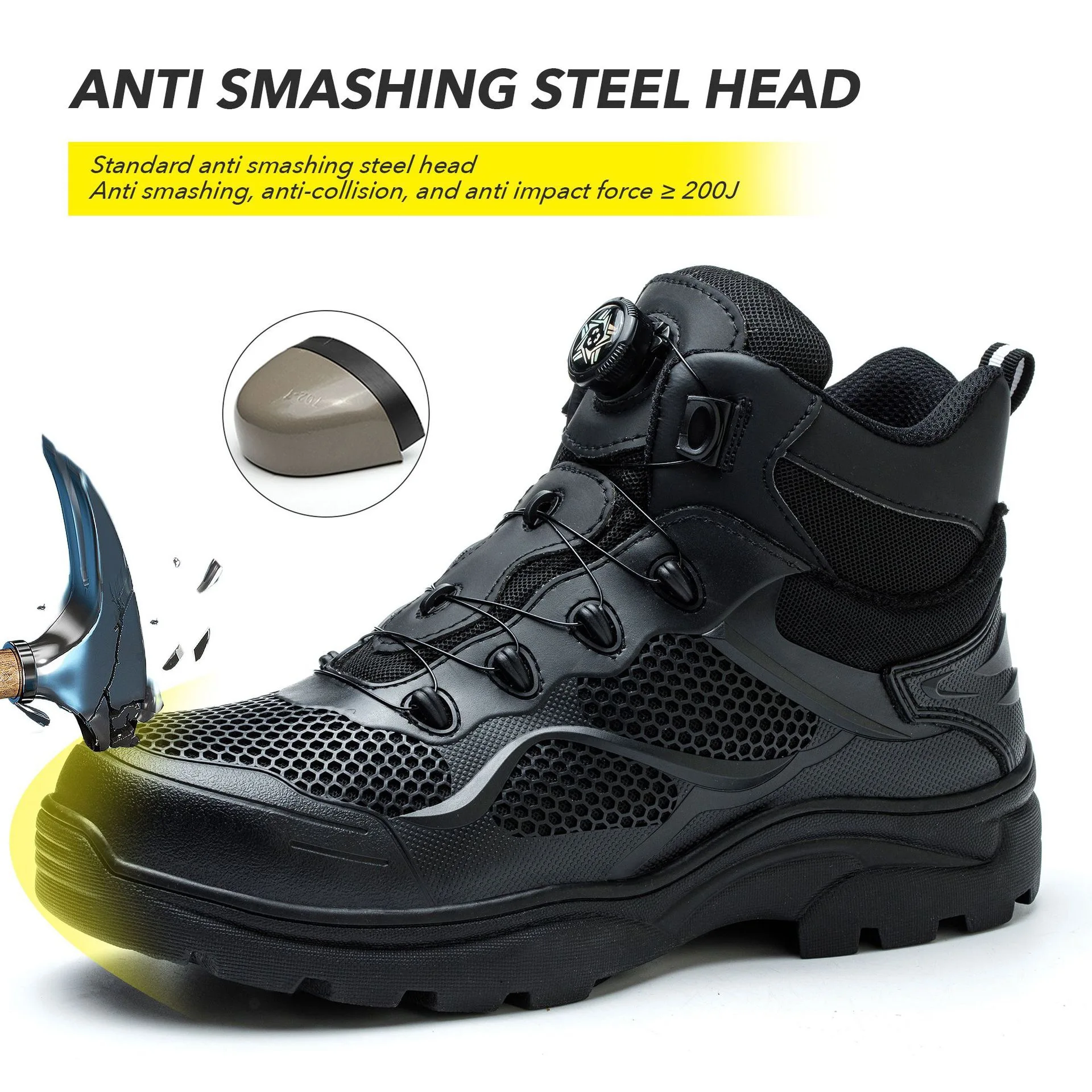 Men's New High-Top Knob Buckle Lightweight Breathable Anti-Smash Steel Head Anti-Stabbing Safety Protection Work Shoes