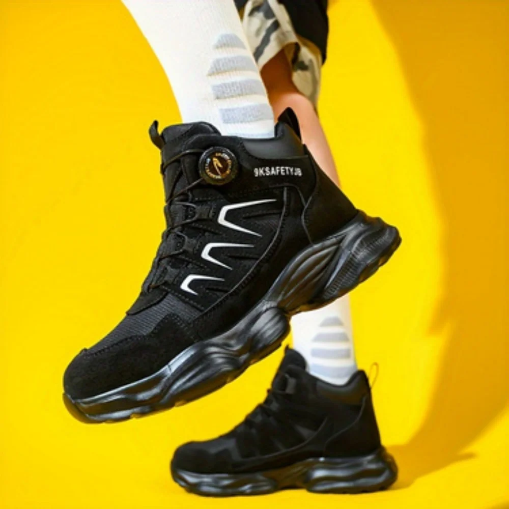 Men's New High-Top Knob Buckle Lightweight Breathable Anti-Smash Steel Head Anti-Stabbing Safety Protection Work Shoes