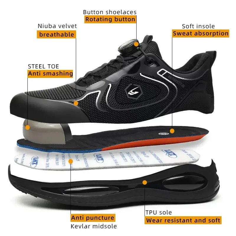 Men's New High-Top Knob Buckle Lightweight Breathable Anti-Smash Steel Head Anti-Stabbing Safety Protection Work Shoes