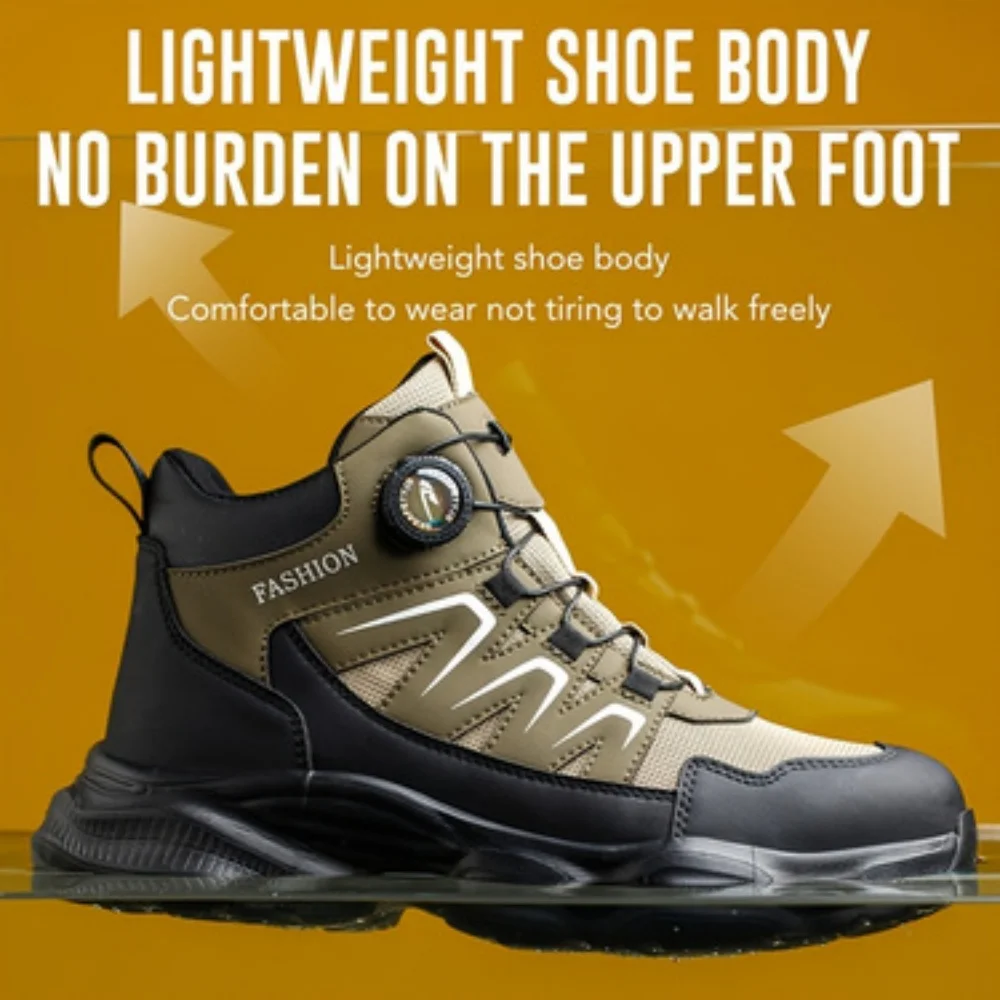 Men's New High-Top Knob Buckle Lightweight Breathable Anti-Smash Steel Head Anti-Stabbing Safety Protection Work Shoes