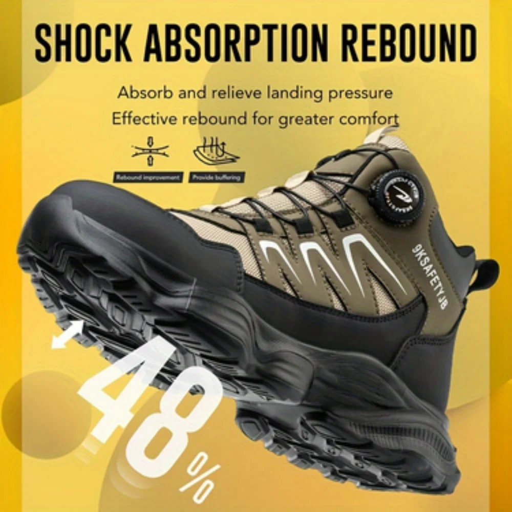 Men's New High-Top Knob Buckle Lightweight Breathable Anti-Smash Steel Head Anti-Stabbing Safety Protection Work Shoes