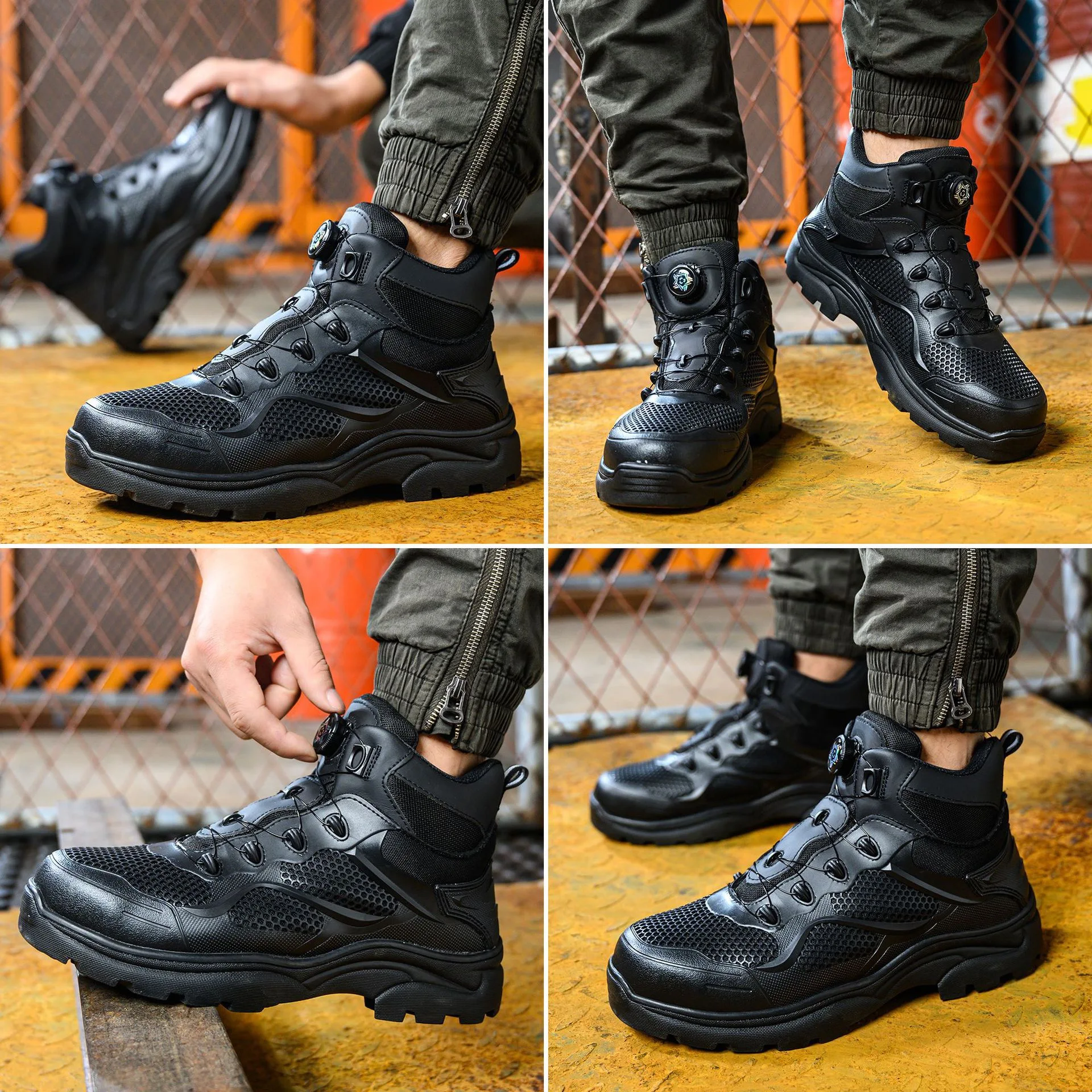 Men's New High-Top Knob Buckle Lightweight Breathable Anti-Smash Steel Head Anti-Stabbing Safety Protection Work Shoes