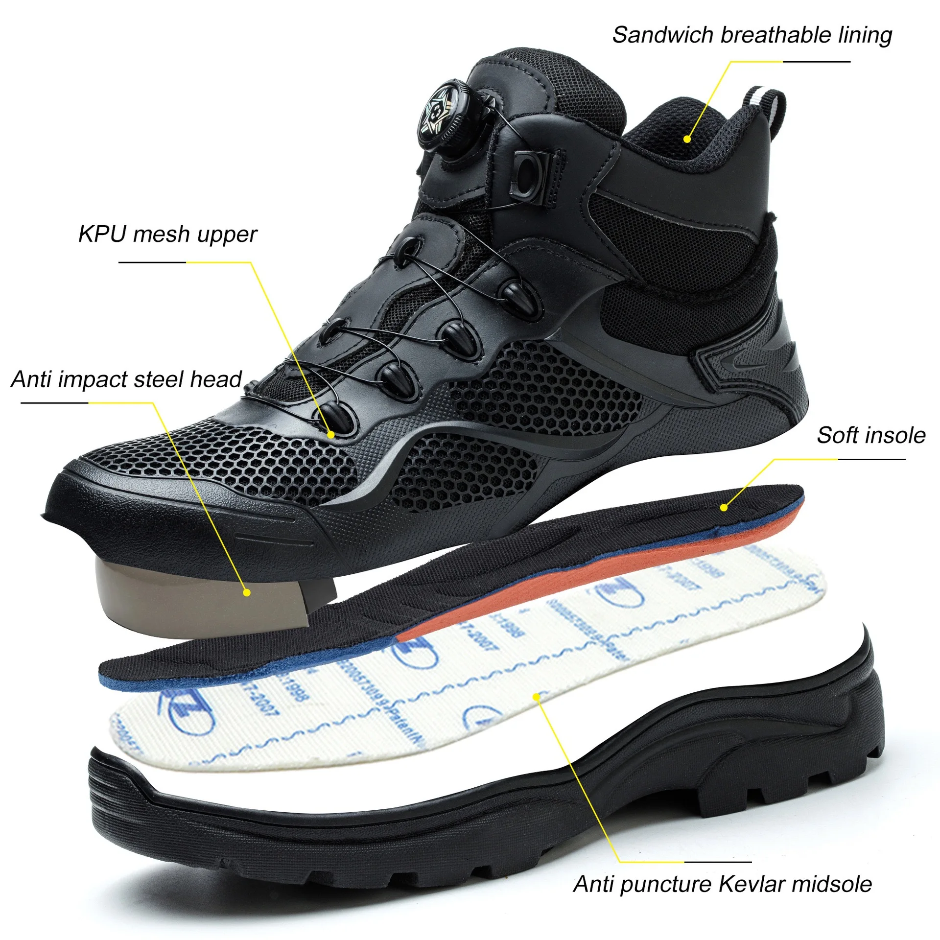 Men's New High-Top Knob Buckle Lightweight Breathable Anti-Smash Steel Head Anti-Stabbing Safety Protection Work Shoes