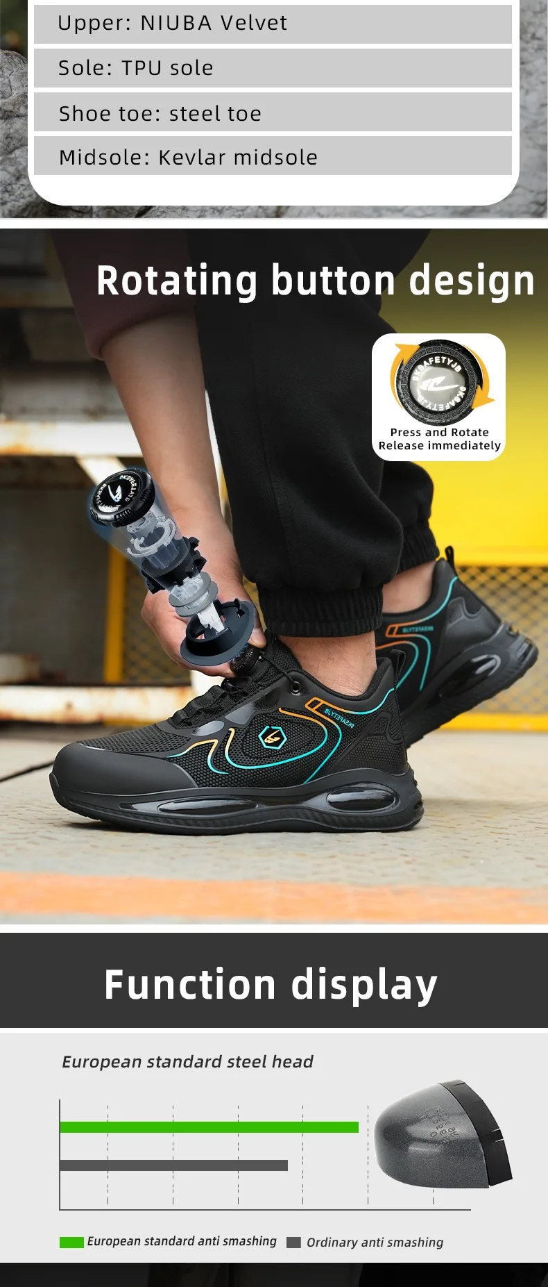 Men's New High-Top Knob Buckle Lightweight Breathable Anti-Smash Steel Head Anti-Stabbing Safety Protection Work Shoes