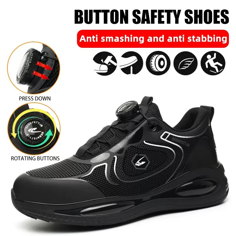 Men's New High-Top Knob Buckle Lightweight Breathable Anti-Smash Steel Head Anti-Stabbing Safety Protection Work Shoes