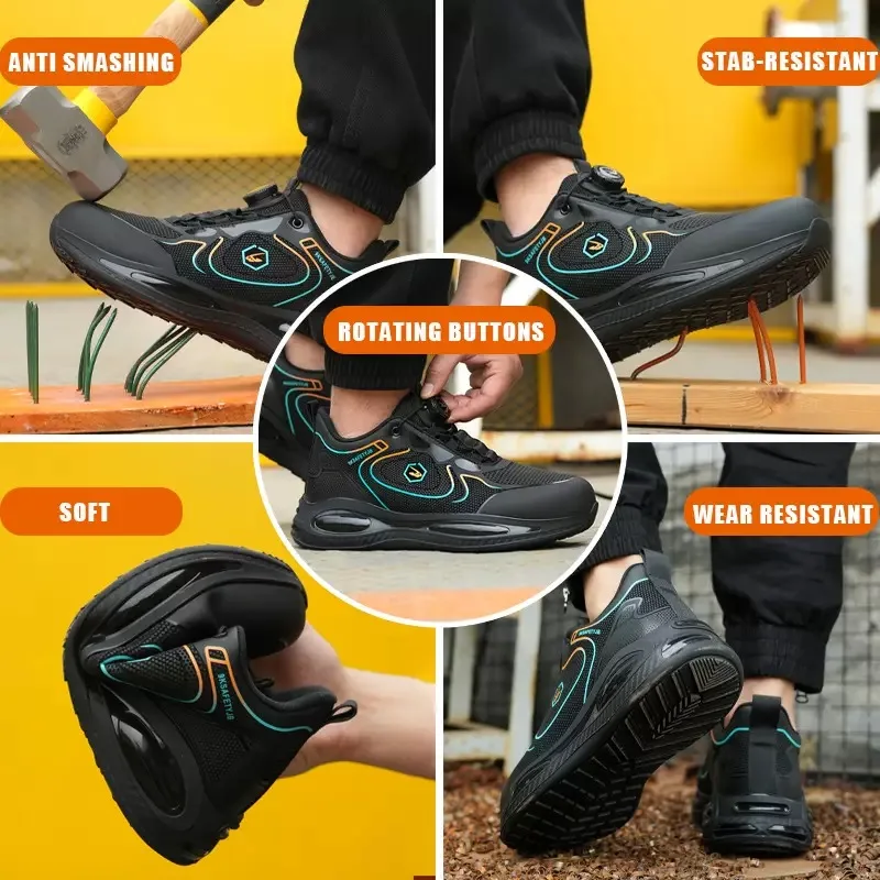 Men's New High-Top Knob Buckle Lightweight Breathable Anti-Smash Steel Head Anti-Stabbing Safety Protection Work Shoes