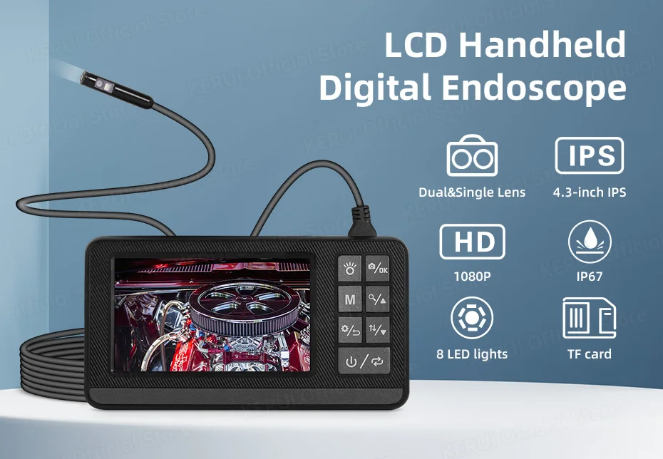 KERUI Dual Lens Industrial Endoscope Inspection Camera 4.3" LCD With Light HD 1080P IP67 Waterproof Borescope LED Sewer Car