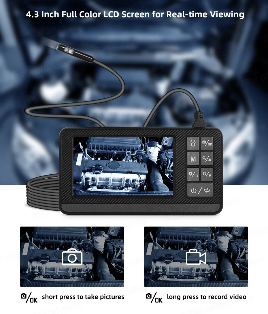 KERUI Dual Lens Industrial Endoscope Inspection Camera 4.3" LCD With Light HD 1080P IP67 Waterproof Borescope LED Sewer Car