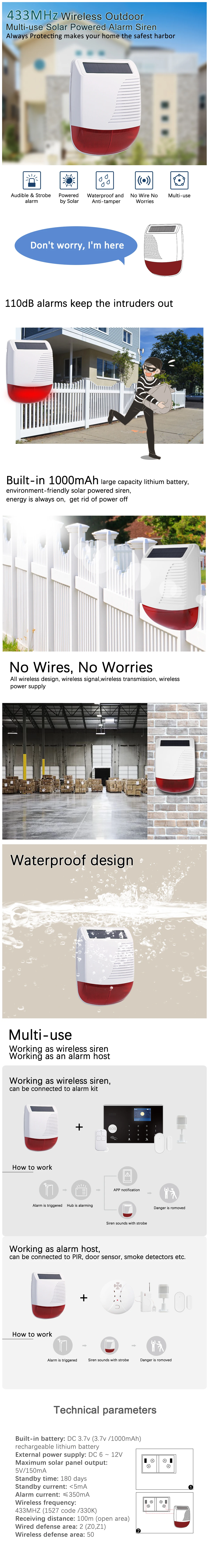 TAIBOAN 433MHz Wireless Solar Strobe Siren Waterproof Alarm Horn For Tuya PG103 107 G30 G50 Home Burglar Wifi GSM Alarm System