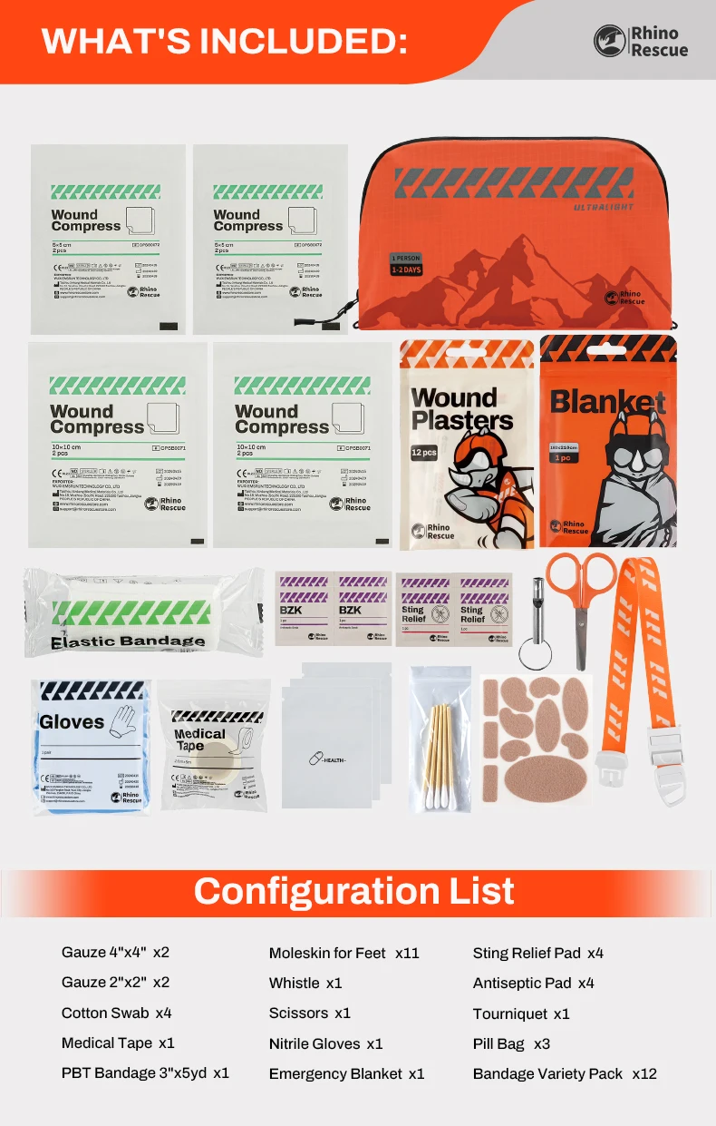 RHINO RESCUE Outdoor Travel First Aid Kit, Lightweight, Portable and Waterproof, Suitable for Hiking, Climbing, Car and Cycling