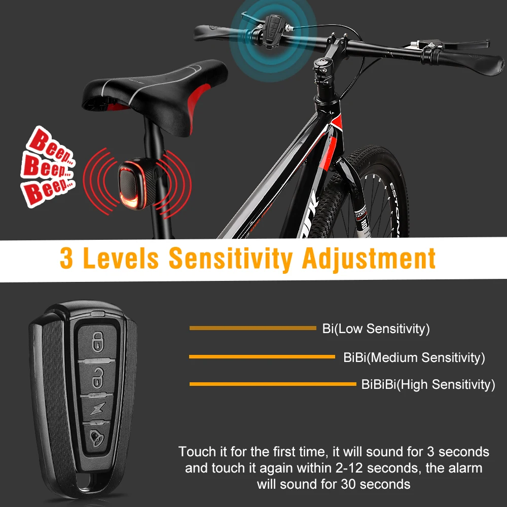 Bicycle Alarm Taillight Anti Theft Bike Light Smart Auto Brake Sensing Remote Control USB Charging Waterproof Lamp